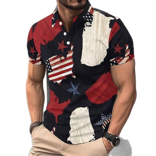 2025 summer collar digital printed polo shirt fashion casual men's American short sleeved T-shirt