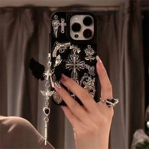 Creative Metal Cross Cupid Y2k Tide Cool Phone Case For iPhone 17 Air 16 15 14 13 12 11 Pro Max Aesthetics Cover Wings Pendant