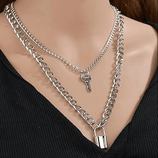Lock Key Pendant Necklace Egirl Chains Lock Chain Necklace Statement Long Chain Punk Multilayer Choker for Women Men