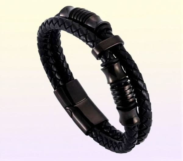 Double Woven Leather Bracelet For Men Punk Jewelry Black Stainless Steel Magnetic Clasp Wristband Fashion Bangles Gifts Bangle