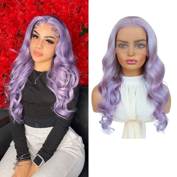 Purple Colored 13*4 Long Wig Simulation Human Hair Wigs for Women Preplucked Lace Front Wig Transparent Lace Frontal Wig Body Wave Cosplay Synthetic Wig Luxurious