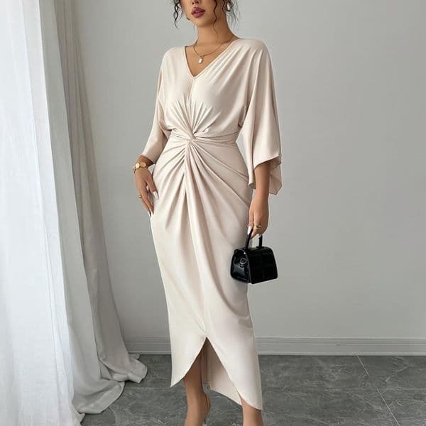 Urban Sexy Dresses Womens Beige Satin Bodycon Midi Dress - V-Neck Batwing Sleeve Twist Front Split Dress Elegant Evening Party u0026 Formal Occasion Dress X9331