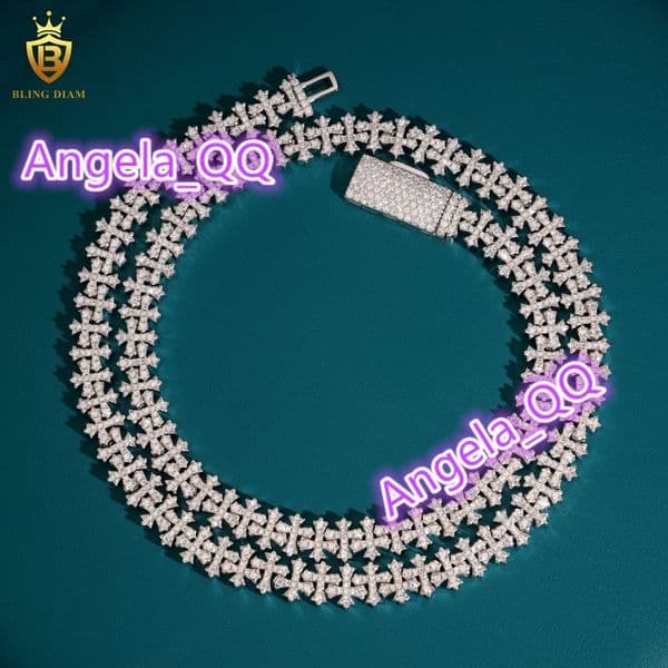 In Stock Iced Out Moissanite Cross Cuban Link Chain HipHop Style 8.5mm S925 Silver Moissanite Cuban Chain Pass Diamond Tester