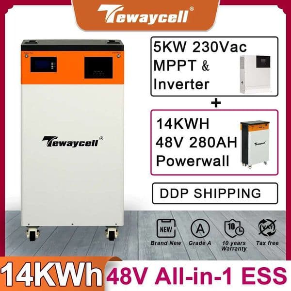 Tewaycell 48V 280Ah Powerwall 14KW LiFePO4 Lithium Battery Pack Built-in 5kw Inverter MPPT ESS Home Solar Energy System EU noTax