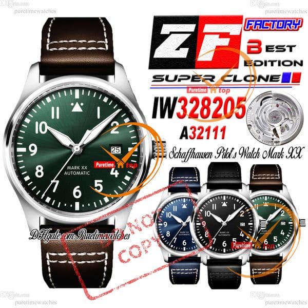 Mark XX 328205 A32111 Automatic Mens Watch ZF 40mm Steel Case Green White Dial Brown Leather Strap CHS Puretimewatches Reloj Hombre