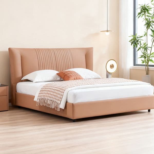 Bedroom Furniture--Italian Minimalist Pine Upholstered Bed, Top-Grain Leather Customizable Bedroom Furniture--8523