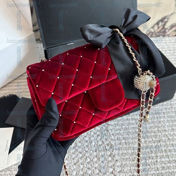 Silk Bow Decoration Ladies Designer Mini Flap Bag with Top Handle Velvet Diamond Lattice Quilted Golden Hardware Metal Chain Shoulder Handbag Crossbody Purse 20cm 9
