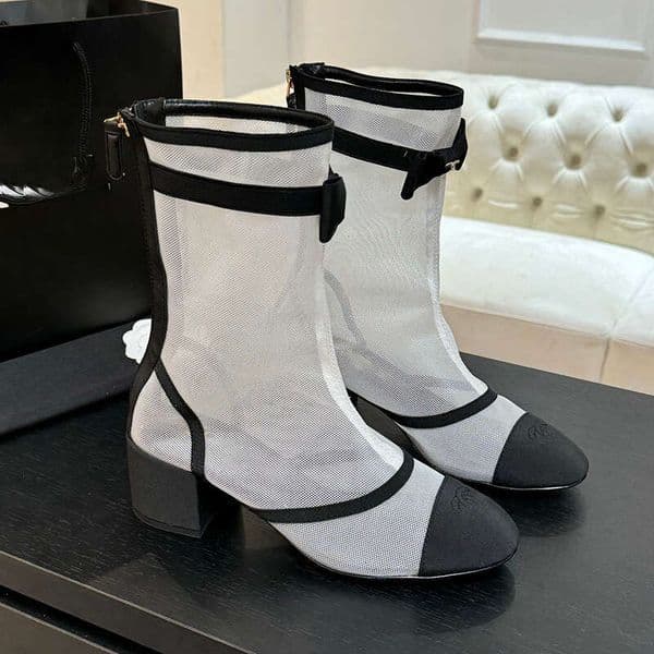 High quality new Trendy Bow Net Mesh ankle boots Kitten Heels Chunky Heel Fashion boots Thick heel Luxury designer boots for womens White, khaki, pink with box