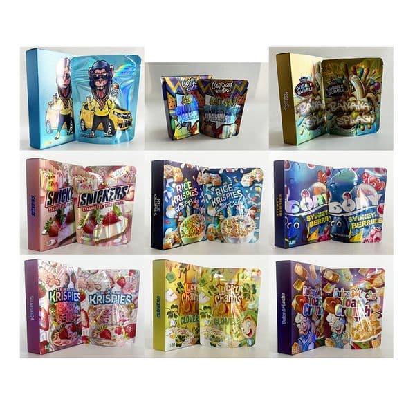 New Designs Combo Cartoon Box Set With Die Cut Mylar Bags 3.5g Smell Proof Soft Touch Empty Pack Zip Lock 3.5 Plastic Package Pouches Storage Paper Packaging Case Kit