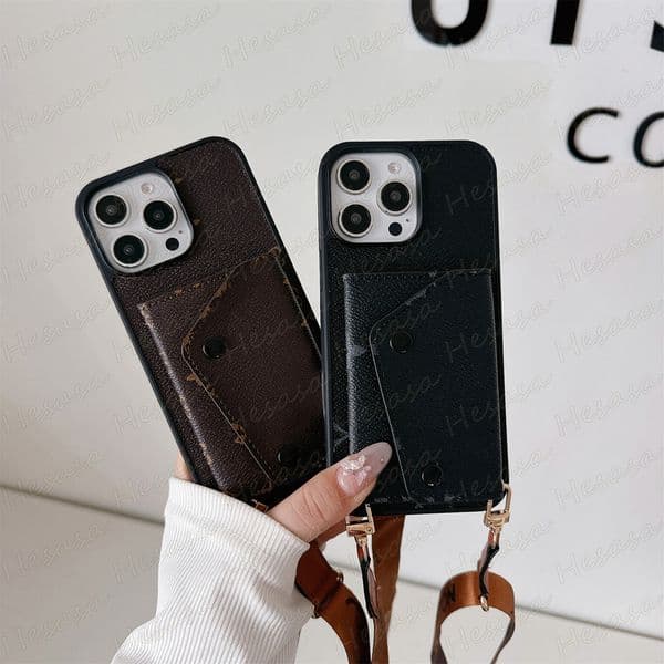 Luxury Card Pocket Phone Case for iPhone 17 Air 16 15 14 13 12 11 Pro Max X Xs Xr 8 Plus Retro Flower Print Shoulder Strap Cover Samsung S26 S25 S23 S24 S22 S21 S20 Ultra Note 20