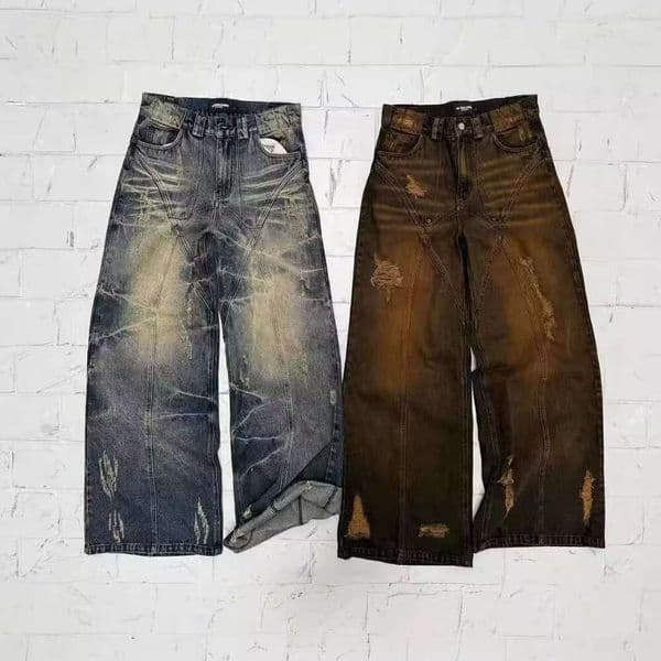 New American style high street straight tube yellow dyed jeans, loose and women's long pants, trendy men's mud color