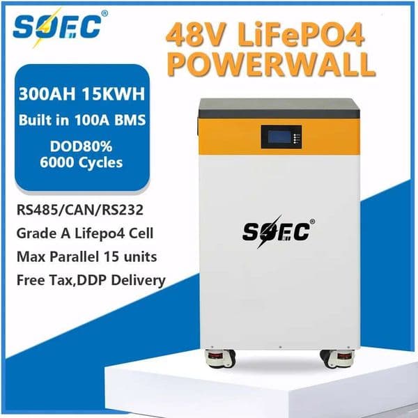 SOEC 6000 Cycles 15KWH Off-grid Solar System Lithium LifePO4 Battery 48V 300Ah Powerwall Home Energy Storage Battery with BMS