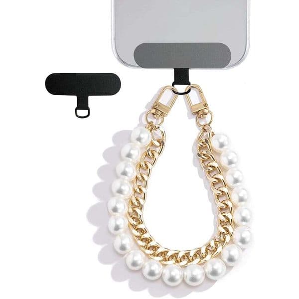 Strap,Hands-Free Tether Tab,Classic Pearl Beaded Charm with Gold Chain Stylish Cell Phone Lanyard Women,Anti Lost Wrist Strap for Key/ID Badge/Clutch Bag