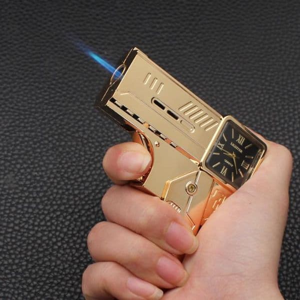 Gun Shaped Foldable Jet Lighter With Watch 3 Colors NO Gas Windproof Cigar Lighters Gadgets Smoking Accessories Tool For Men
