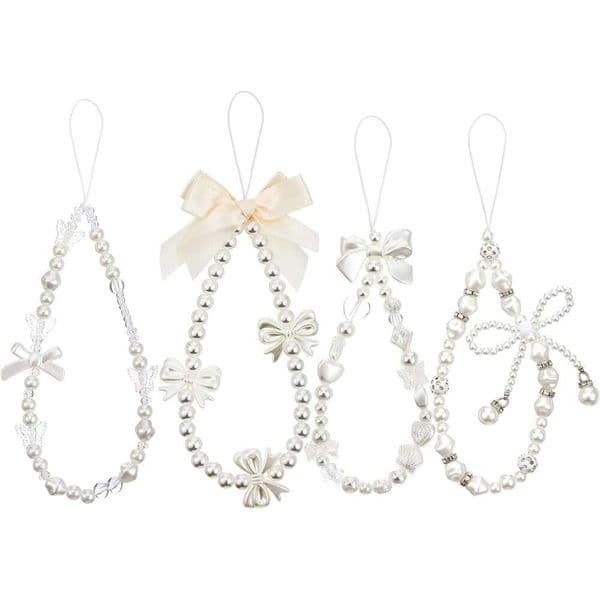 4Pcs Cu Charms Butrfly Beaded Phone Wrist Strap, Women Bow Pearl Bracelet Lanyard Charm, for Cellphone Case Bag Keychain Camera Decor Digital