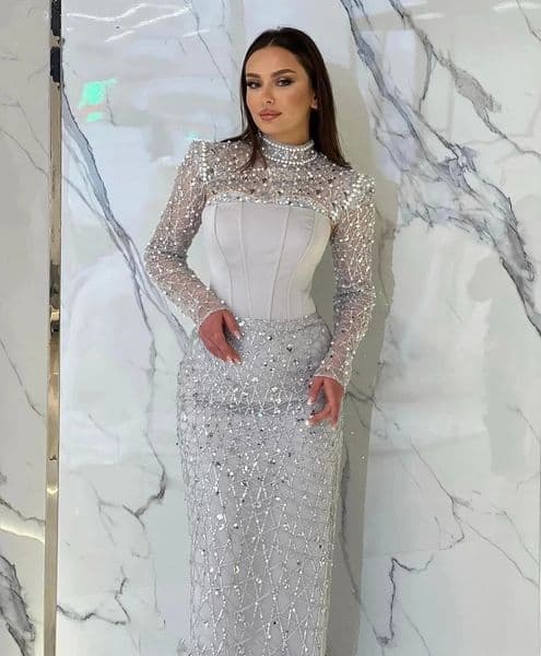 Fashion Evening Dresses For Women Jewel Neck Long Sleeves Gown Sequins Pearls Floor Length Dress Party