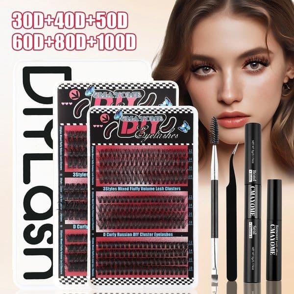 DIY Cluster Lashes Kit 402Pcs Cluster Segmented Eyelashes Thick Fluffy Individual Eyelash Extensions with Lash Bond & Seal DIY Lashes Makeup Accessory for Women