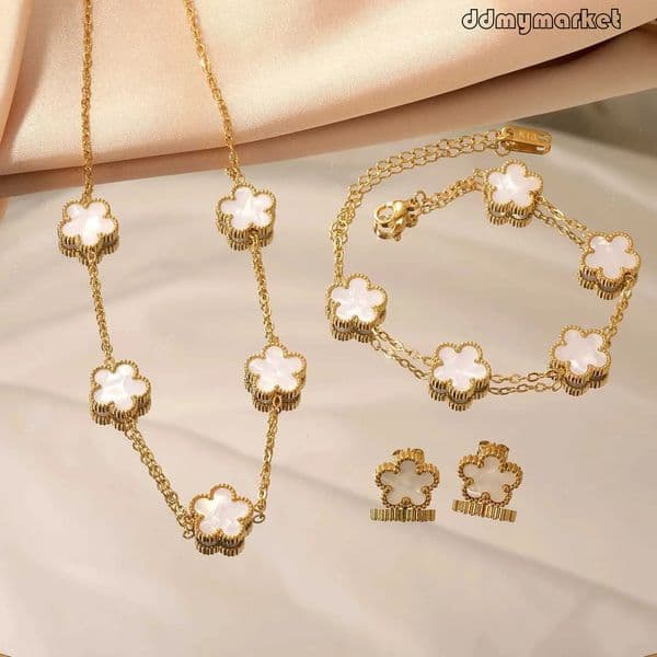 ddmymarket Elegant Flower Jewelry Set: Necklace, Earrings Bracelet - Stainless Steel & White Shell flash sale Fashion Accessories