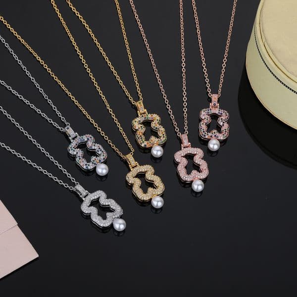 Fashion Women Men Silver Rose Gold Stainless Steel Copper Span Bear Round Hollow Color White Pearl Layer Pendant Necklace Jewelry