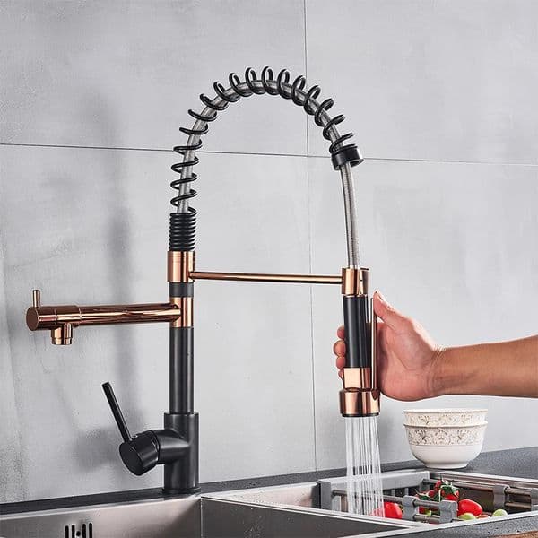 Black And Rose Golden Spring Pull Down Kitchen Sink Faucet Hot Cold Water Mixer Crane Tap With Dual Spout Deck Mounted