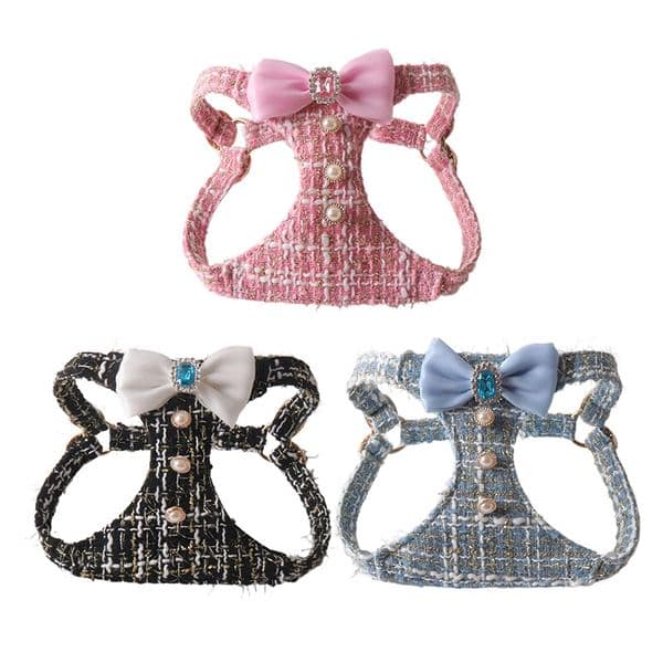 Dog Collar Designer dog leash Luxury Tweed Bowknot Dog Harness And Leash Set, Pearl Button Dress Vest For Small Dogs Cats Pink Black Blue Harness