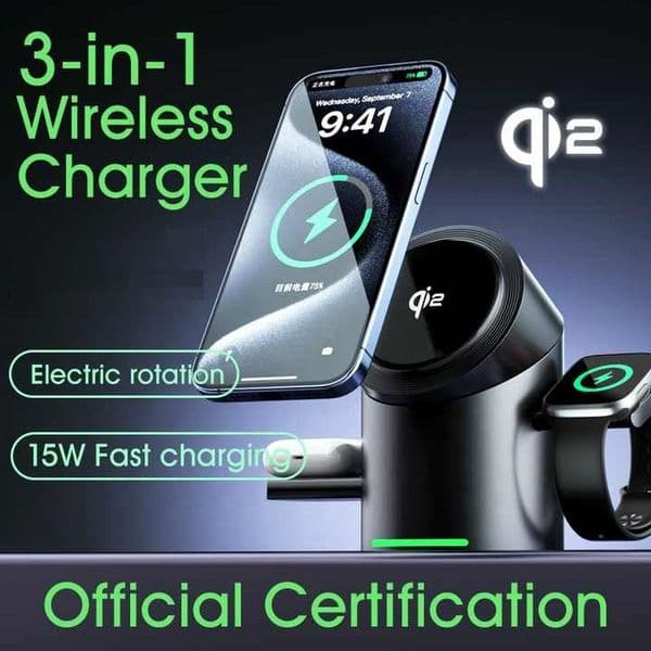 2025 Hot-selling Qi2 3-in-1 15W Fast Magnetic wireless charging With Auto-Rotating Wireless Charging Station For iPhone12-16 Samsung Smart Phone AirPods Smart iWatch