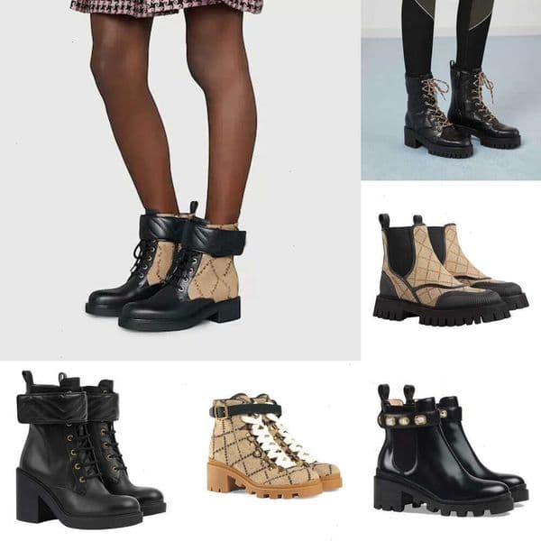 Luxury Designer Shoes Women round-toe Lace-Up strap flat high heel Martin boots Womens Leather canvas cowboy Nylon Classic autumn Winter Cool Half Ankle booties