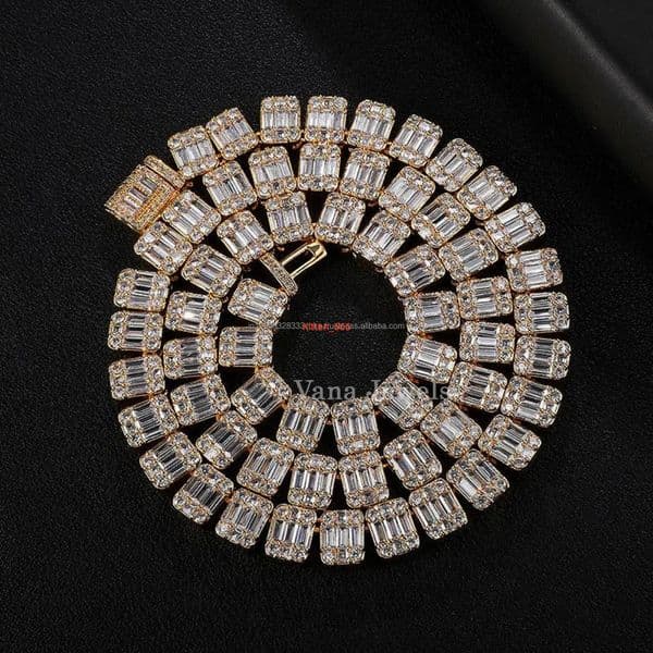 Luxury 925 Sterling Silver Hip Hop Cuban Link Chain Necklace Iced VVS Moissanite Baguette Cut New Design Yellow Gold Diamond