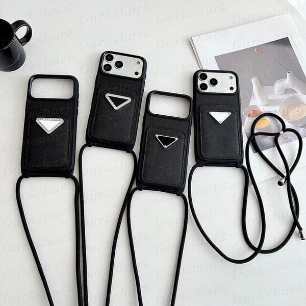 Luxury Roll Shoulder Strap Phone Case for iPhone 17 Air 16 15 14 Plus 13 12 Pro Max Ultra Thin Card Pocket Storage Tri-angle Designer Leather Cover iPhone15 16pro 15pro