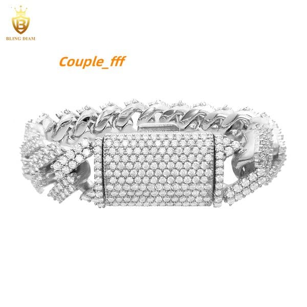 15mm Hip Hop Jewelry 925 Sterling Silver VVS Moissanite Iced Out Cuban Link Chain Two Rows Bracelet Necklace