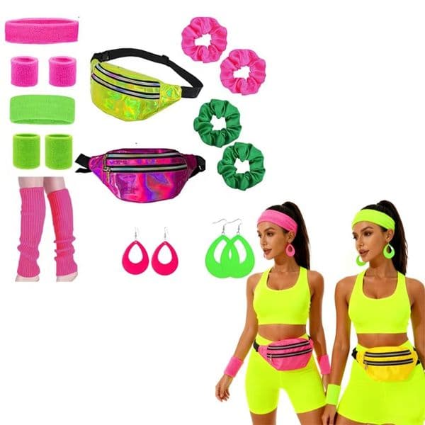 13 pieces of 80 accessories including neon light leg warmer, holographic waist bag wristband, hair band and hair bundle, women's yoga, running and hiking equipment