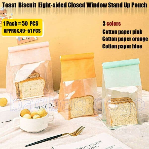 50pcs Kraft Paper Toast Stand Up With Window Pizza Slice Bread Packaging Biscuits Pouch