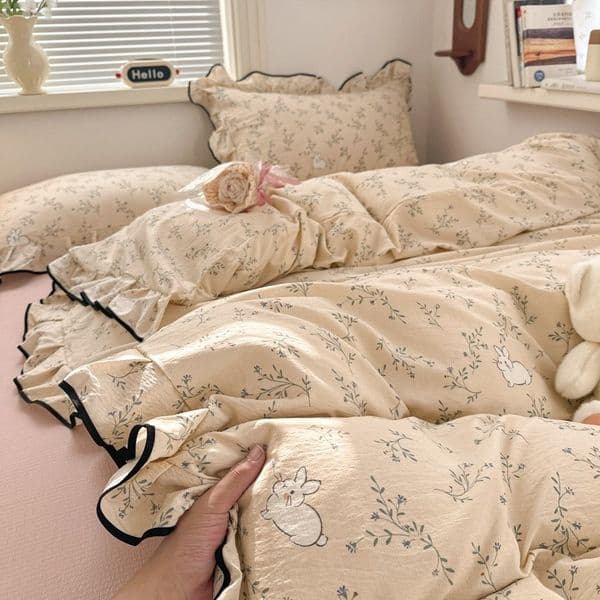 Cute Bunny Floral Four-Piece Bedding Set, Beige Ruffled Bedding with Girly Princess-Style Duvet Cover