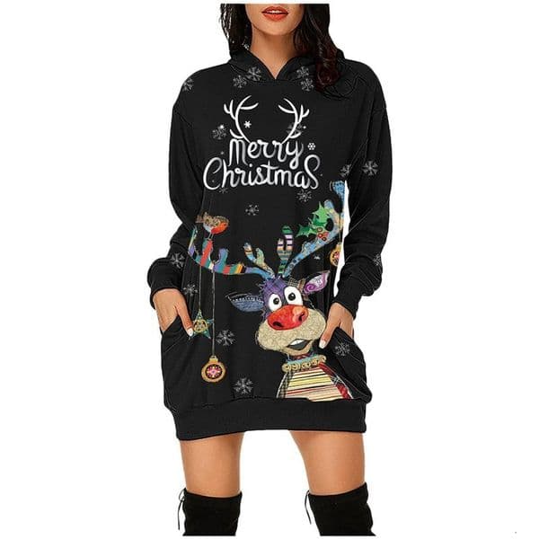 97512021 Autumn New Womens Long Sleeve Sweatshirt Dress Christmas Reindeer Print Hooded Dress