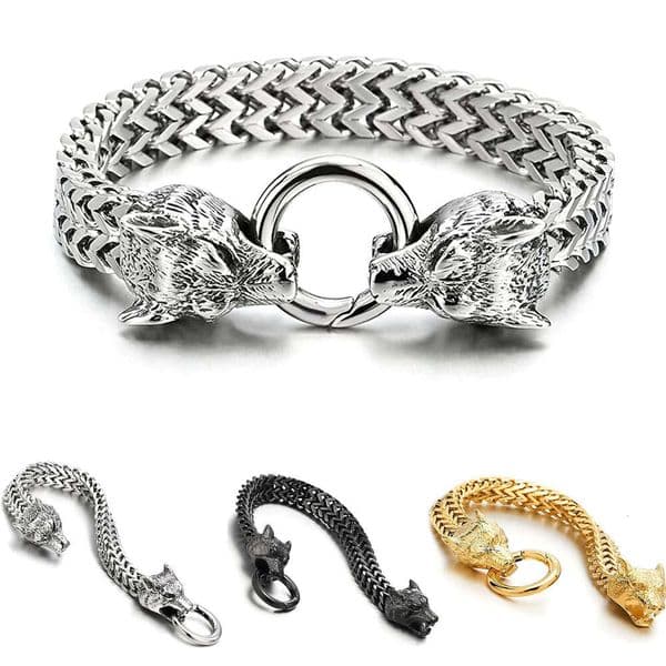 Hot Selling European and American Stainless Steel Vintage Personality Viking Wolf Head Franco Link Chain Bracelet for Men