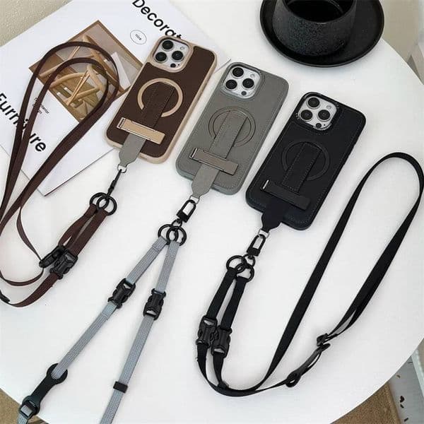 Magnetic Bracket Durabl Crossbody Wrist Strap Rope Holder Phone for IPhone 16 Max 15 14 13 Pro Leather Protective Case