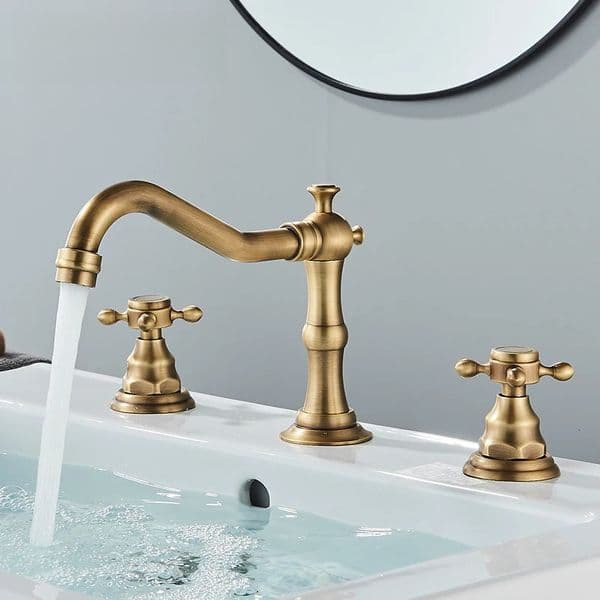 Antique Brass Bathroom Holes Faucet Deck Mount Tap Hot Cold Water Double Control Handles Basin Sink Mixer Taps