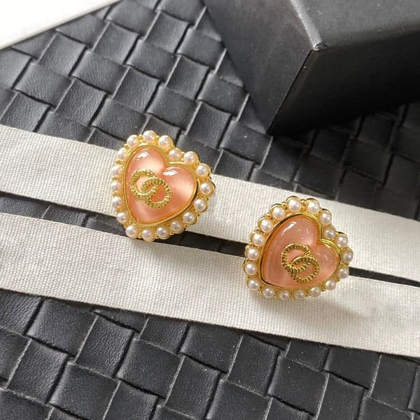 Never Fading Heart Digner Ear Stud Earrings Crystal Pearl Real Gold Brass Copper Stamp Letter Earring Fashion Womens Wedding Party Classical Jewelry
