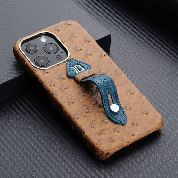 Hand Wrist Strap Stand Ostrich Leather Case For iPhone 13 11 12 Pro Max Mini XR X XS 14 Plus Retro PC Hard Shockproof Cover