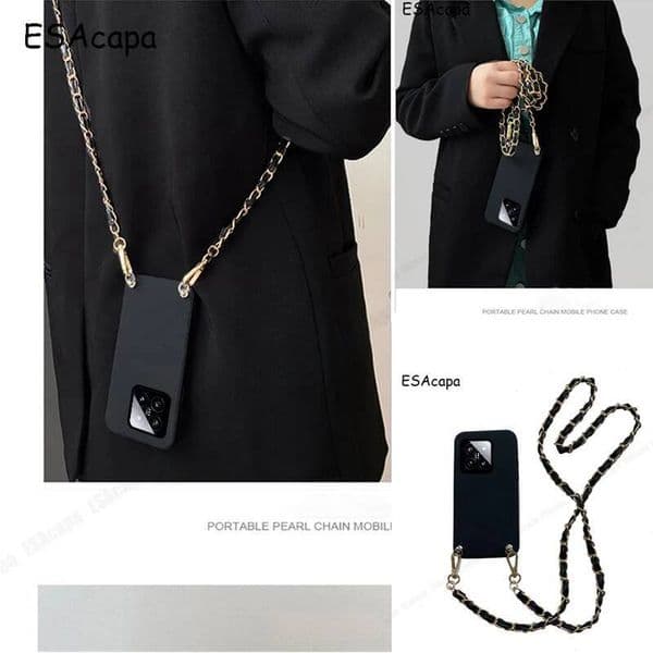 Leather Metal Chain Crossbody Lanyard Phone Case Xiaomi 14 Solid Color Soft Silicone TPU Back Cover For Mi 14Pro Cases