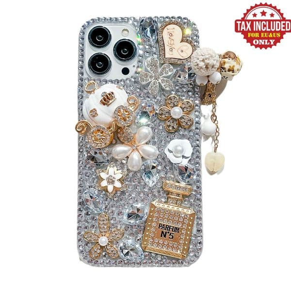 iPhone 17 Pro Max Bling Case Women Luxury 3D Bling Shiny Rhinestone Diamond Crystal Pearl Handmade Pendant Iron Floral Phone case for iPhone air 16 Pro 15 14 Plus