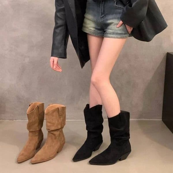 Ddmyoutdoor Vintage Thick Heel Pointed Toe Women Western Cowboy Boots Autumn Winter Ladies Shoes Elegant Slip On Mid Calf Booties Outdoor Shoes
