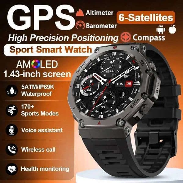 2025 GPS Smart Watch Men 5ATM IP69K Waterproof Built-in Dual-band GNSS Compass Altimeter Barometric Military Sport Smartwatch