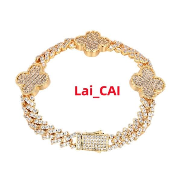 Fine Jewelry Four Leaf Clover Cuban Link Chain Bracelet Single Row Zircon with Gold/Silver Prong for Women