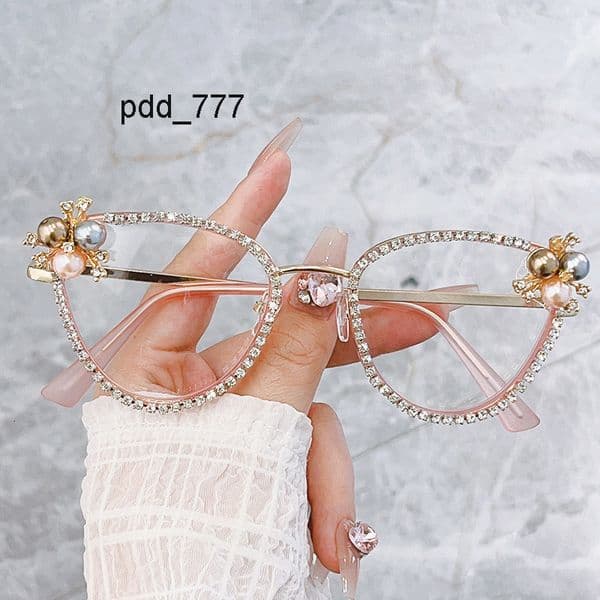 Luxury Ladies Decorative Retro Cat Eye Anti-Blue Light Mirror Framed With Diamond Pearl Personality Party Glasses in Blue Red