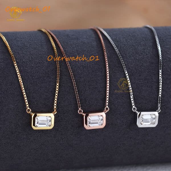 White Moissanite Necklace Women Jewelry 4x6mm Emerald Cut 925 Silver Bezel Set Chain Necklace With VVS Moissanite Pendant