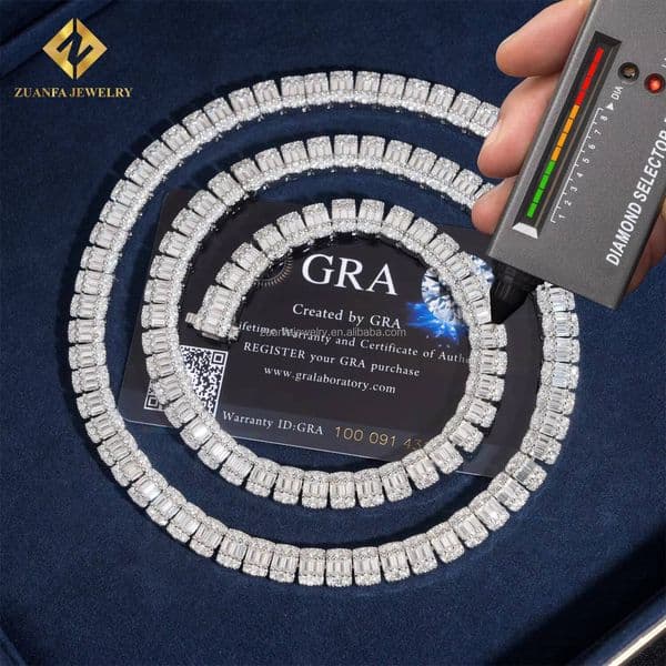 Customized Female Luxury Style Hip Hop Iced Out GRA Certificates S925 Sterling Baguette Moissanite Diamond Cluster Tennis Chain