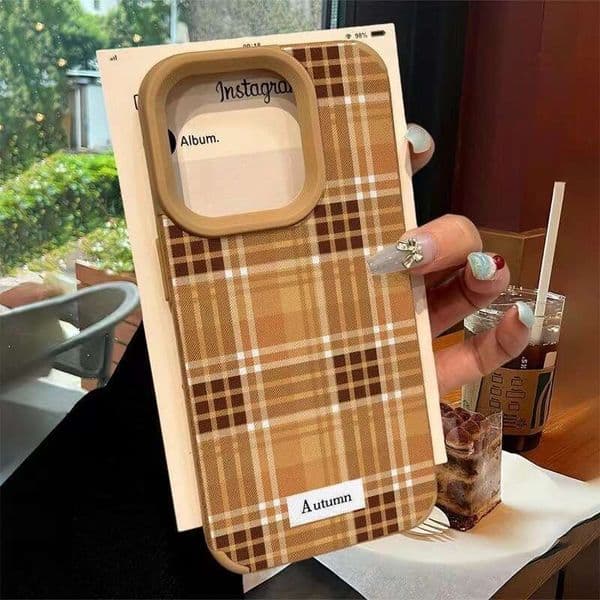 Brown striped grid suitable for Apple 16promax phone case 15plus creative 14 high-end 13 pro personality X