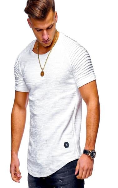 Short Sleeve Men T Shirt Pleated Shoulder Jacquard Striped Slim Fit Tshirt Men Longline Hem Hip Hop Tshirt Streetwear1334331