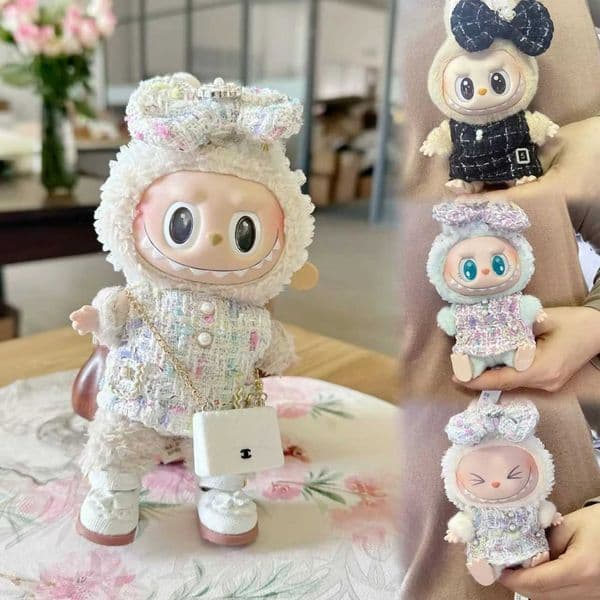 17cm Labubu Doll Clothing Cute Mini Plush Doll Clothing Monster Clothing Accessories Flat Pearl Bag Shoes EE07F X250429